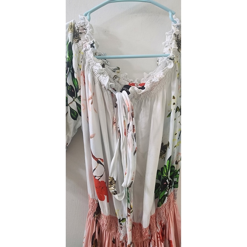 Hemant and Nandita Floral Tiered Mini Dress Smocked Waist Beaded Tassels Small - Picture 4 of 14